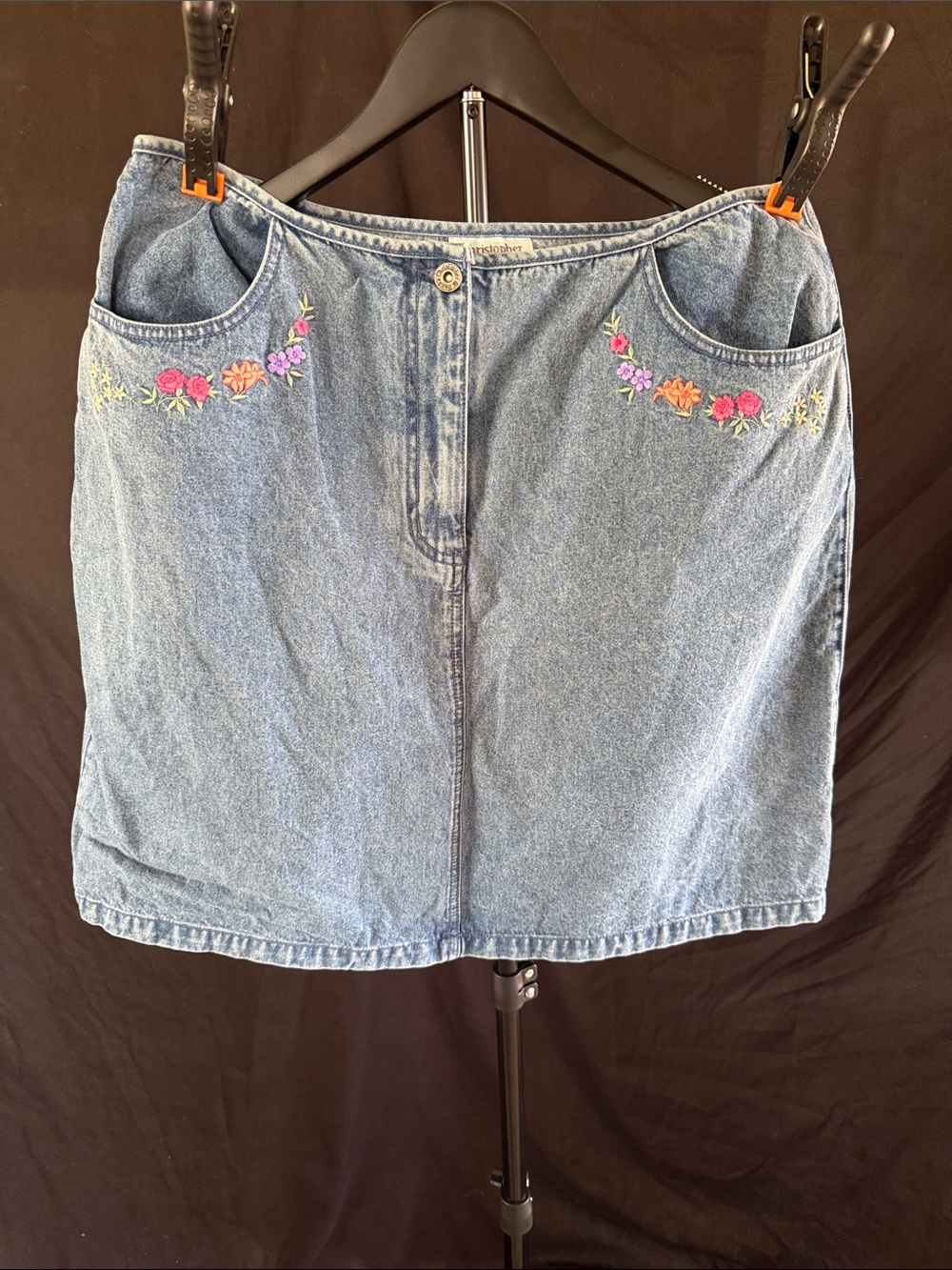 Denim Embroidered Pocket Skirt - Blue